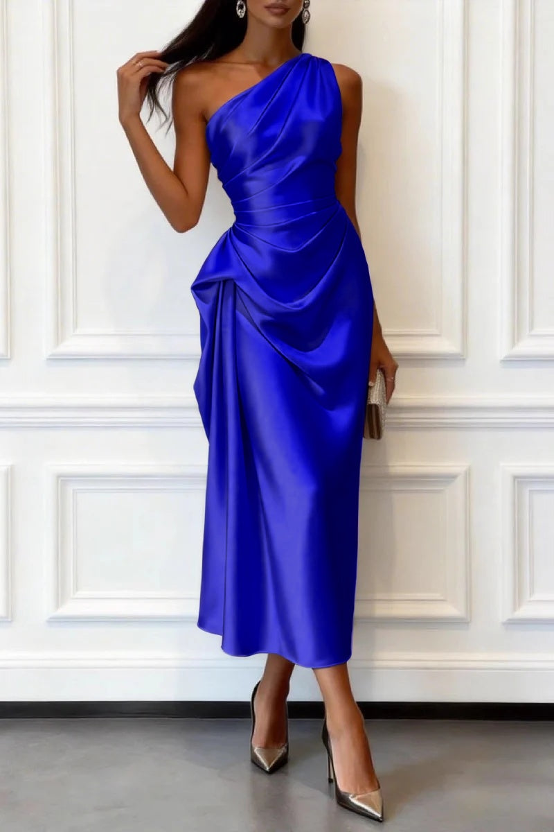 Trumpet-Mermaid Tea Length Satin Wedding Guest Dress 1033914017182