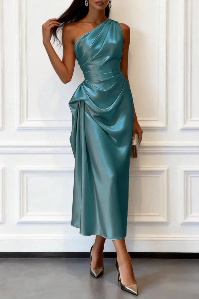 Trumpet-Mermaid Tea Length Satin Wedding Guest Dress 1033914017182