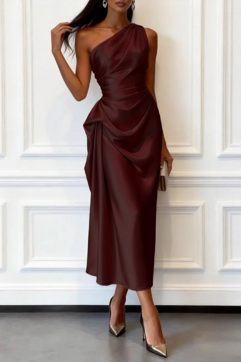 Trumpet-Mermaid Tea Length Satin Wedding Guest Dress 1033914017182