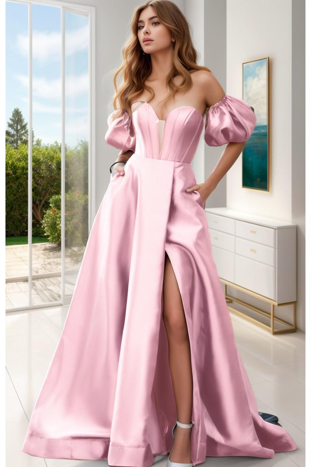 A-Line Sweep-Brush Train Satin Prom Dress CS0448 - COCOMELODY