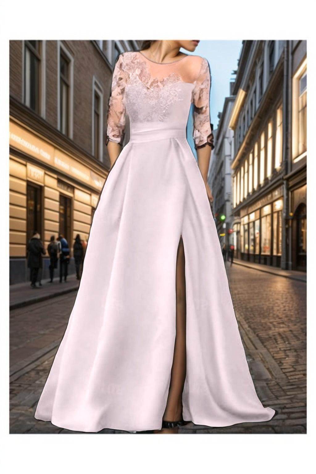 Illusion Neckline Sweep Train Gown