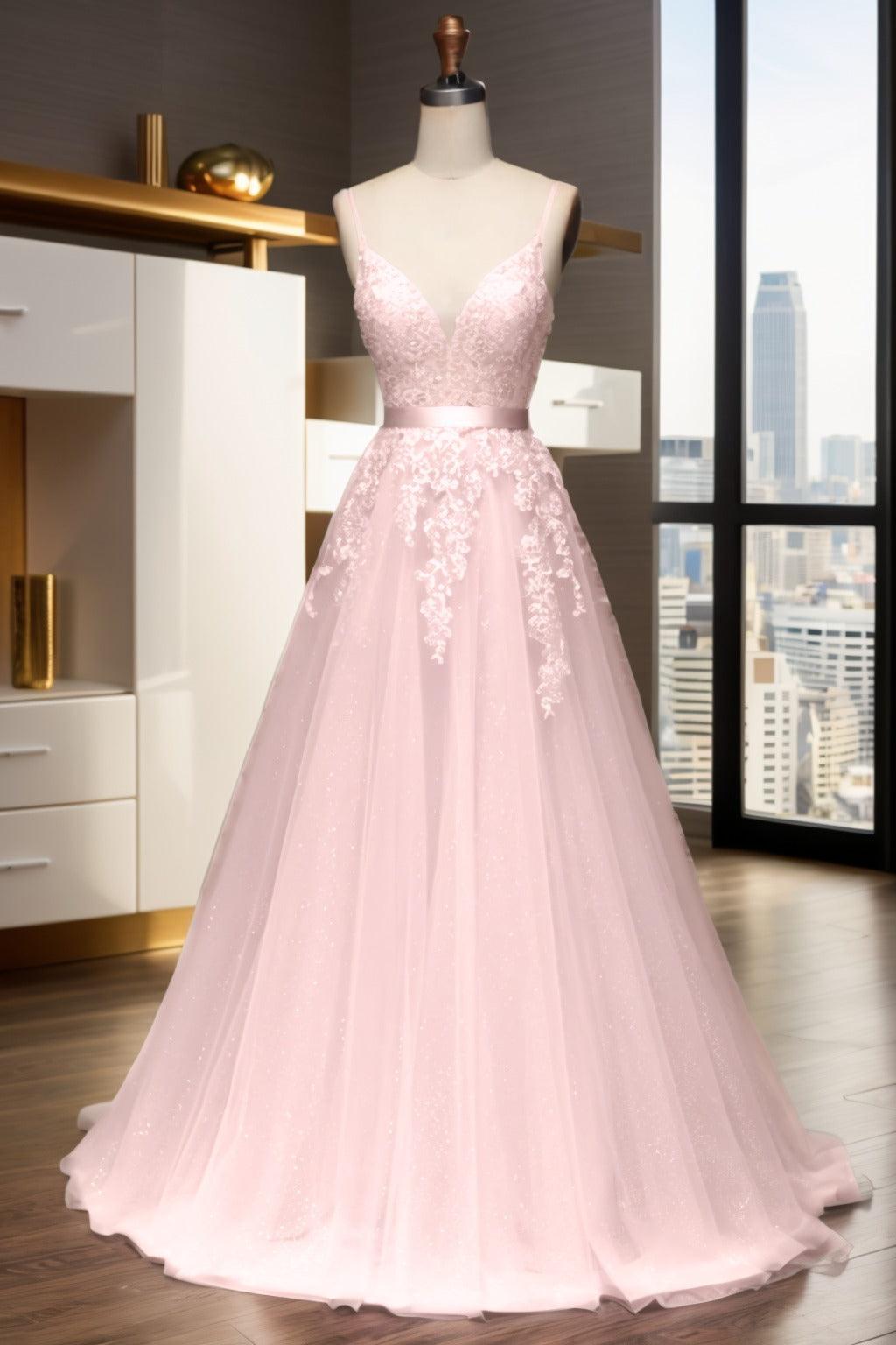 A-Line Sweep-Brush Train Tulle Prom Dress CS0464 - COCOMELODY