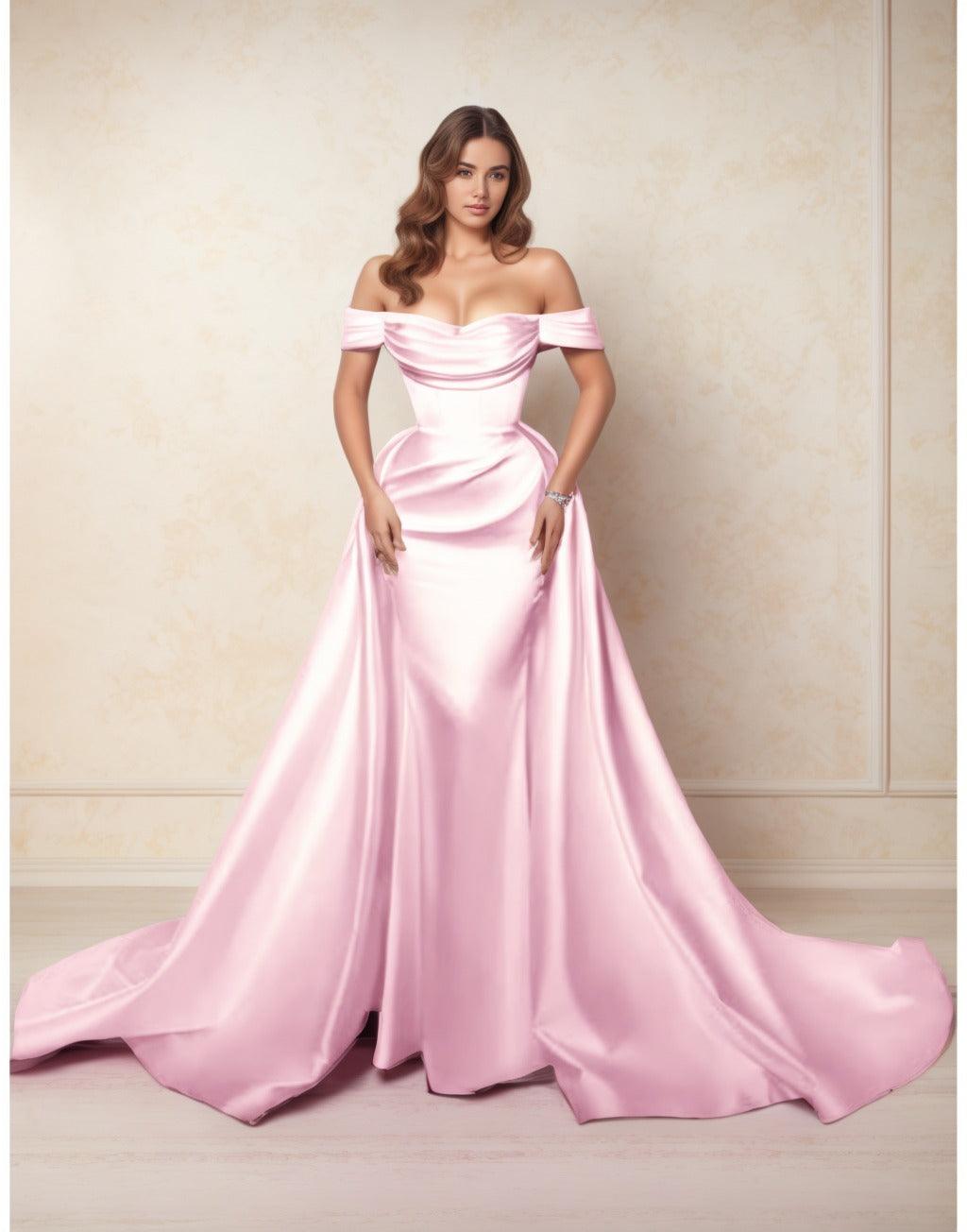 A-Line Chapel Train Satin Prom Dress CS0416 - COCOMELODY