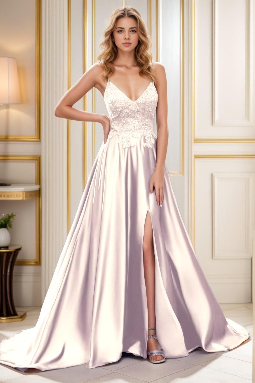 A-Line Court Train Satin Prom Dress CS0460 - COCOMELODY