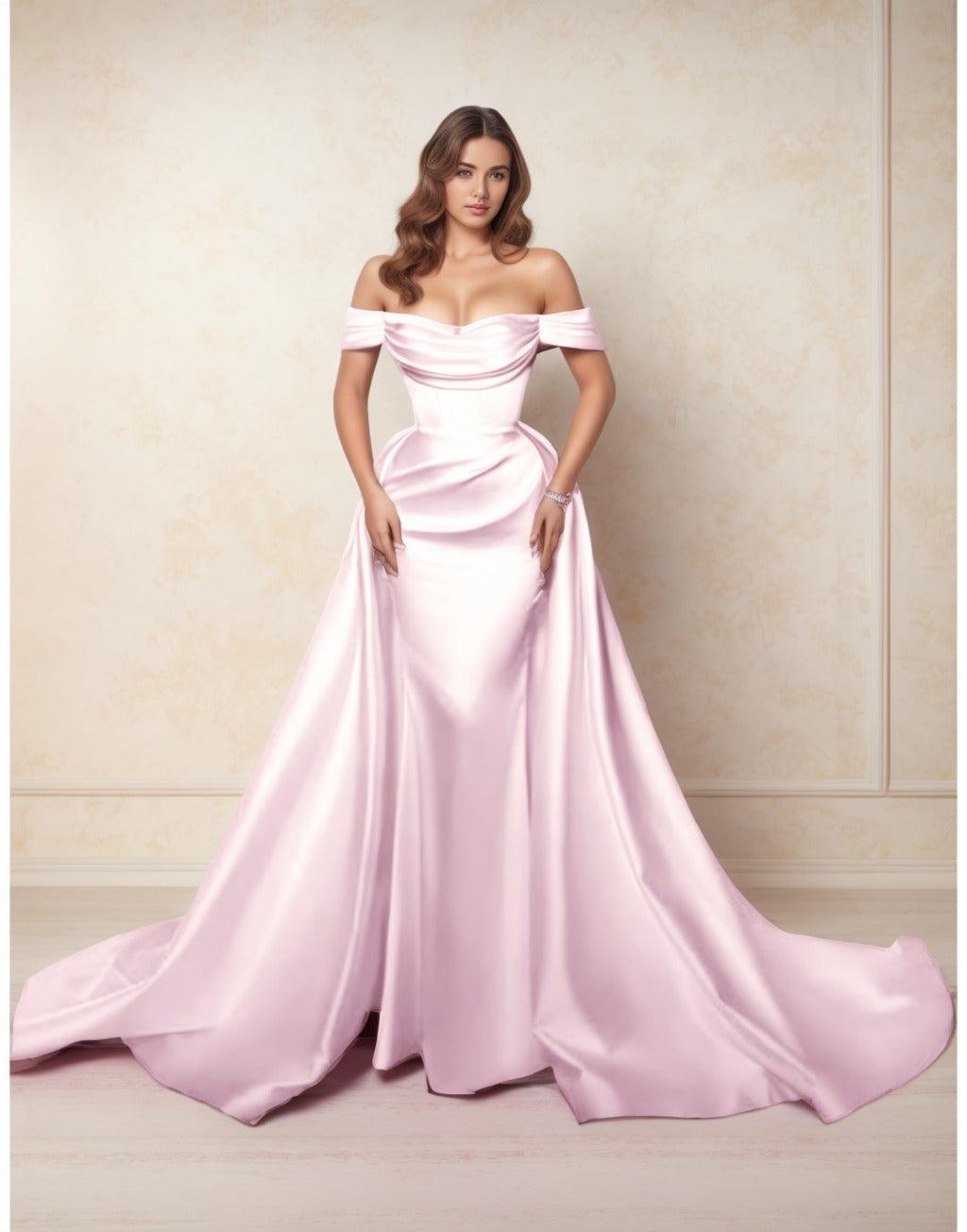 A-Line Chapel Train Satin Prom Dress CS0416 - COCOMELODY