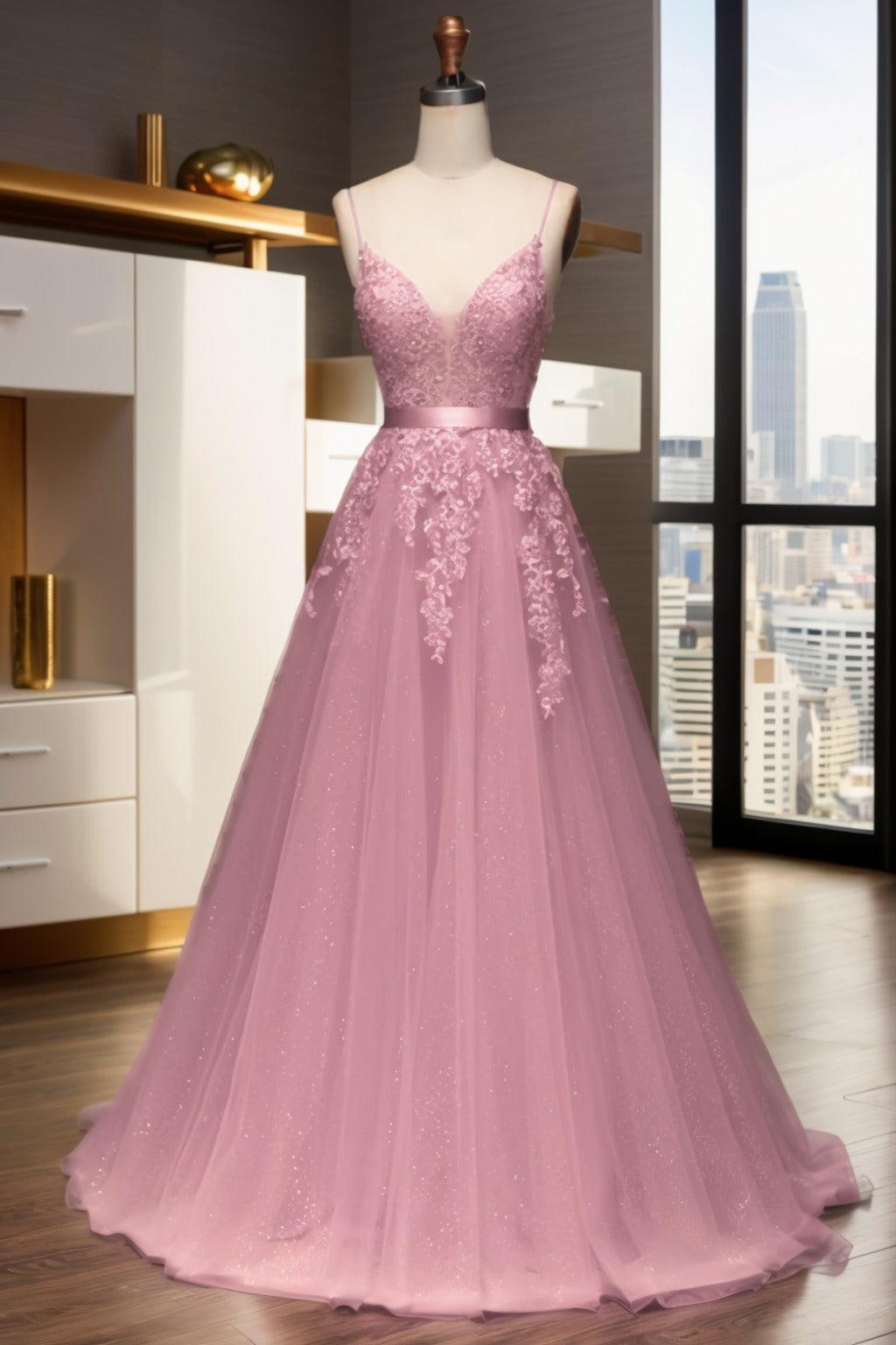 A-Line Sweep-Brush Train Tulle Prom Dress CS0464 - COCOMELODY