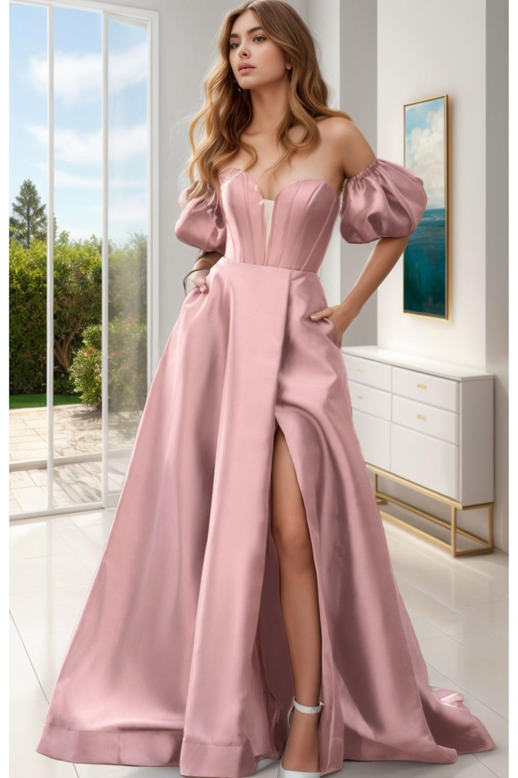 A-Line Sweep-Brush Train Satin Prom Dress CS0448 - COCOMELODY