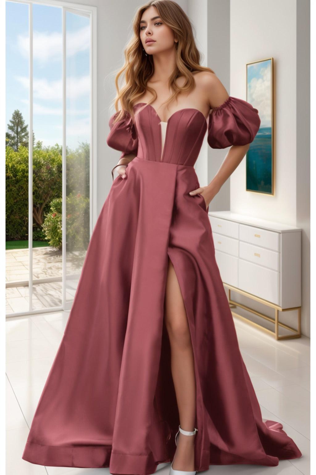 A-Line Sweep-Brush Train Satin Prom Dress CS0448 - COCOMELODY