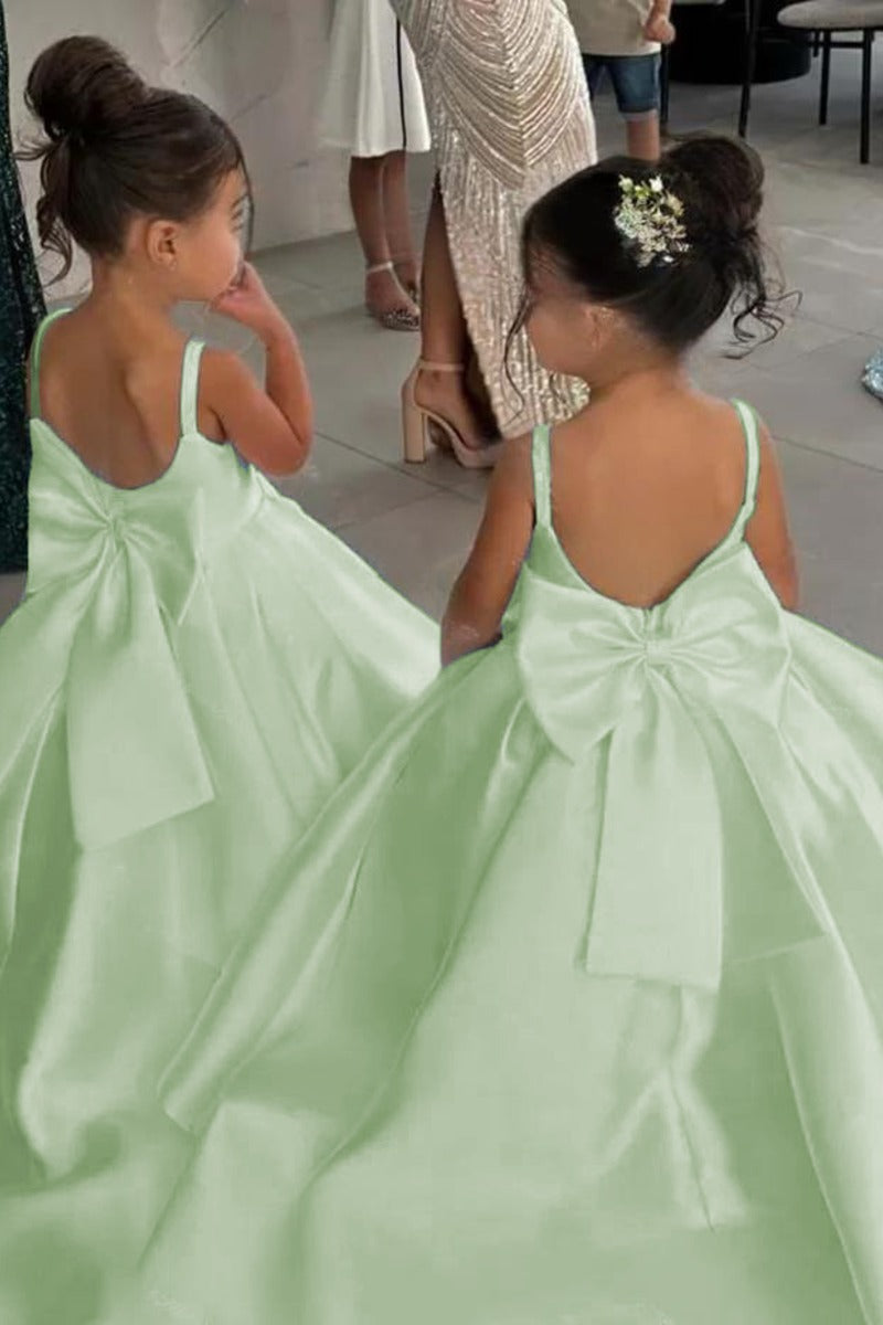 Elegant Satin Spaghetti Straps Back Big Bow Flower Girl Dresses 943918273899