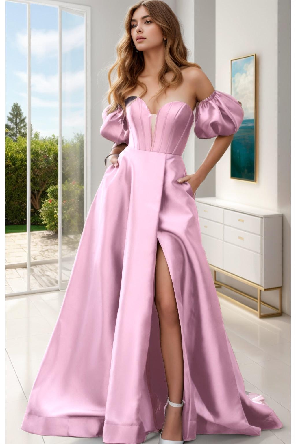 A-Line Sweep-Brush Train Satin Prom Dress CS0448 - COCOMELODY