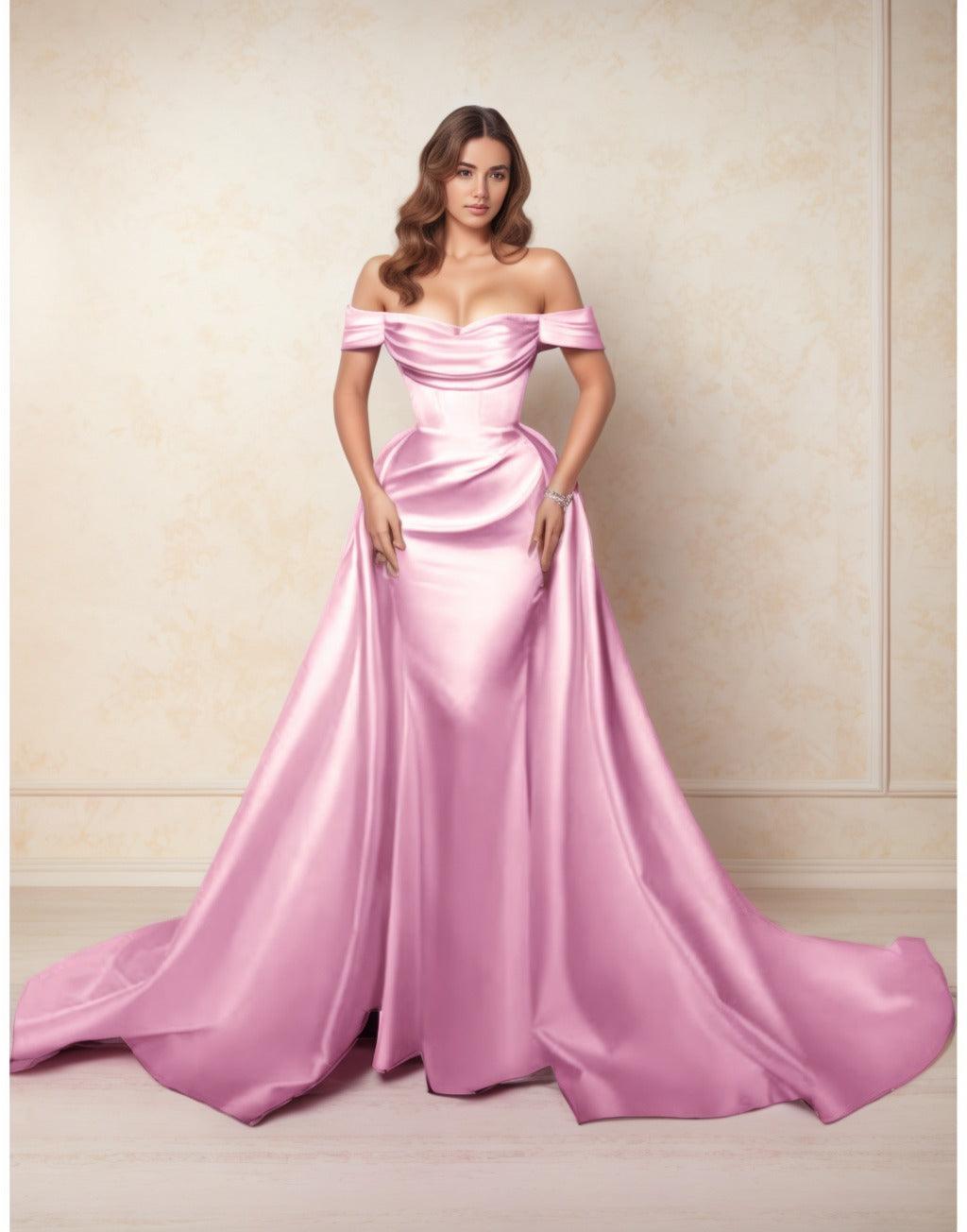 A-Line Chapel Train Satin Prom Dress CS0416 - COCOMELODY