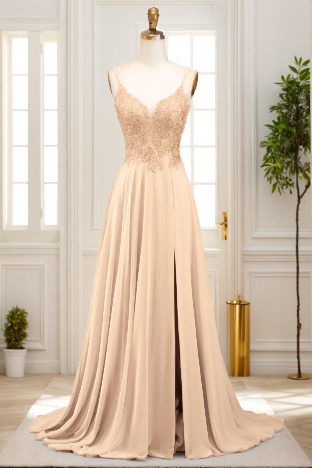 A-Line Sweep-Brush Train Chiffon Prom Dress CS0470 - COCOMELODY
