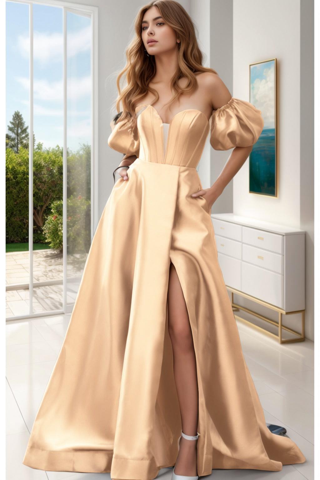 A-Line Sweep-Brush Train Satin Prom Dress CS0448 - COCOMELODY