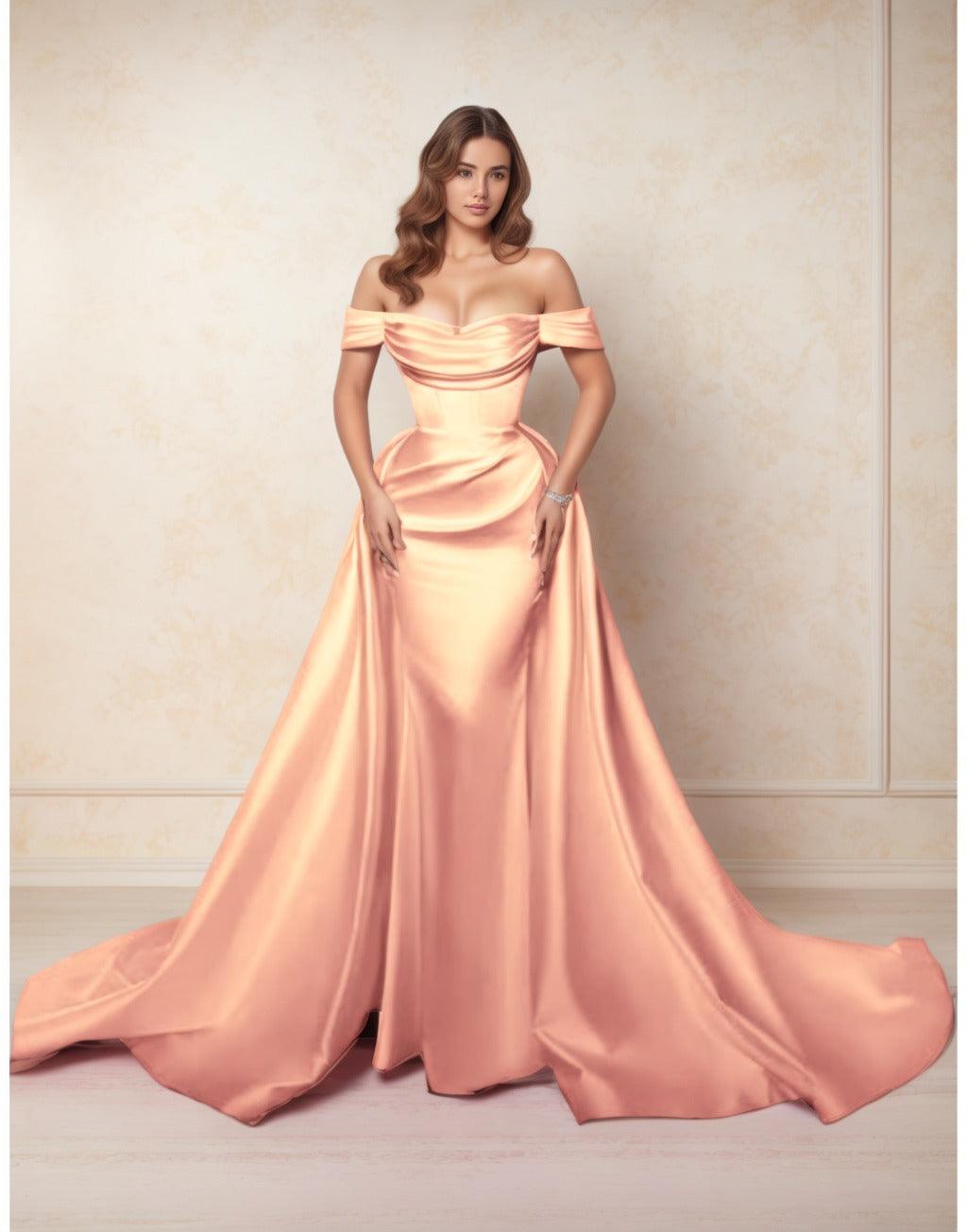 A-Line Chapel Train Satin Prom Dress CS0416 - COCOMELODY