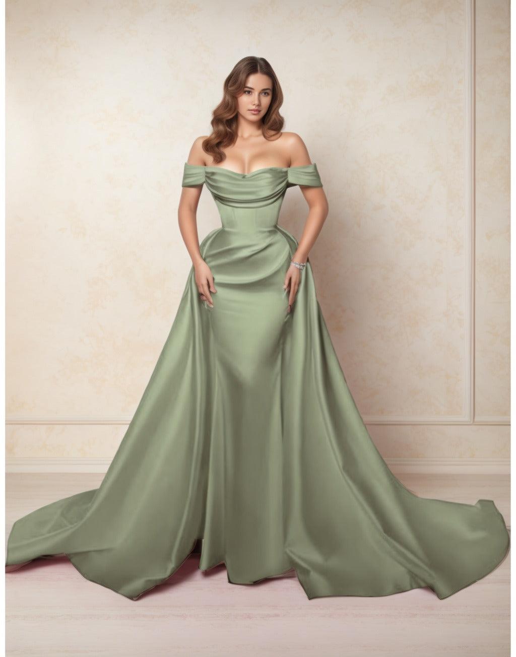 A-Line Chapel Train Satin Prom Dress CS0416 - COCOMELODY