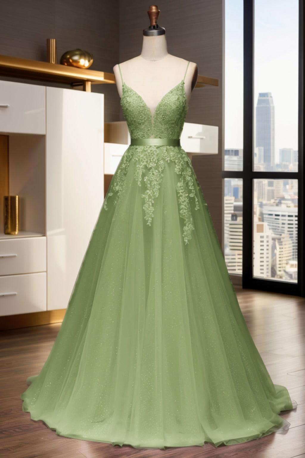 A-Line Sweep-Brush Train Tulle Prom Dress CS0464 - COCOMELODY