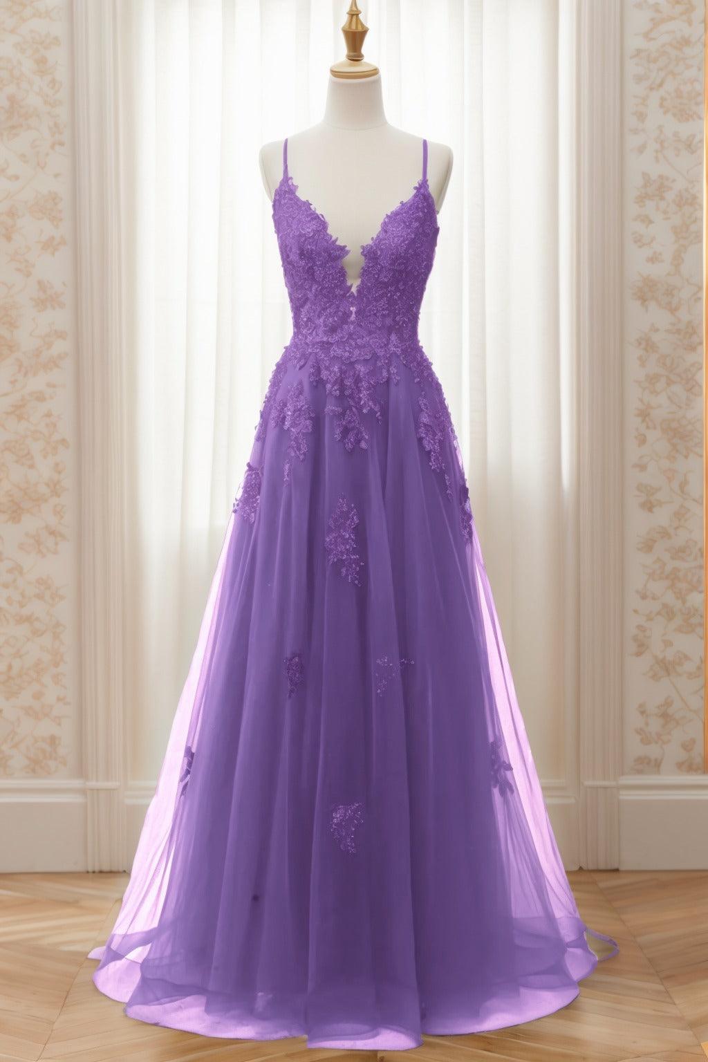 A-Line Sweep-Brush Train Tulle Prom Dress CS0463 - COCOMELODY