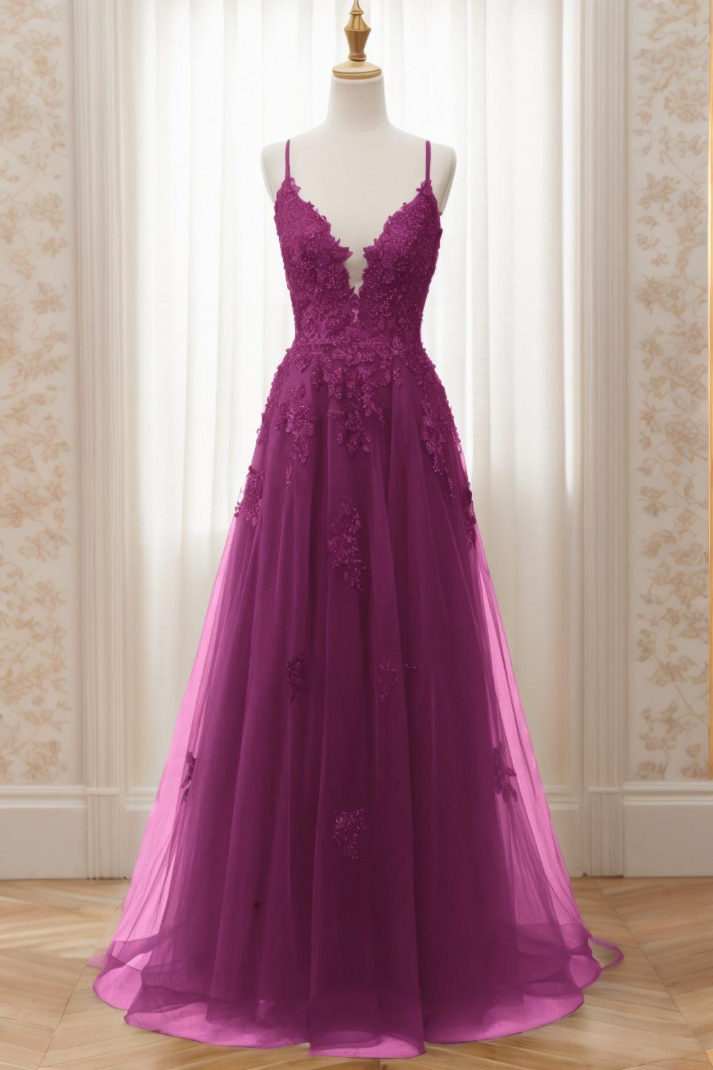 A-Line Sweep-Brush Train Tulle Prom Dress CS0463 - COCOMELODY