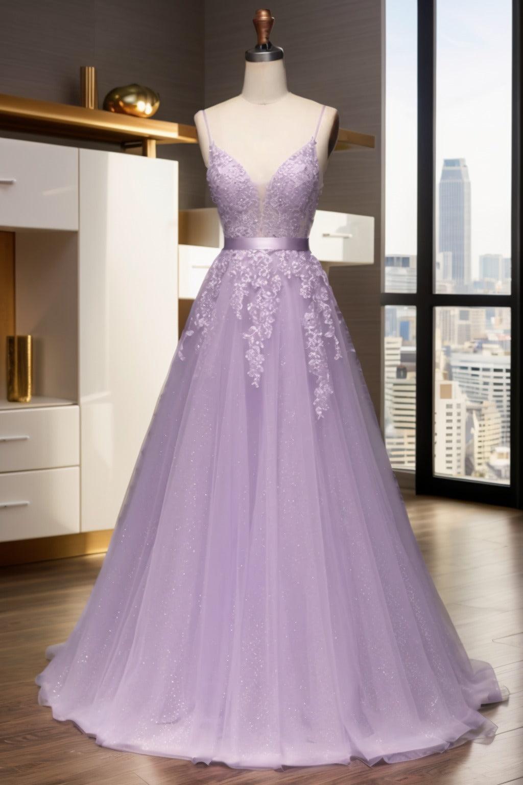 A-Line Sweep-Brush Train Tulle Prom Dress CS0464 - COCOMELODY