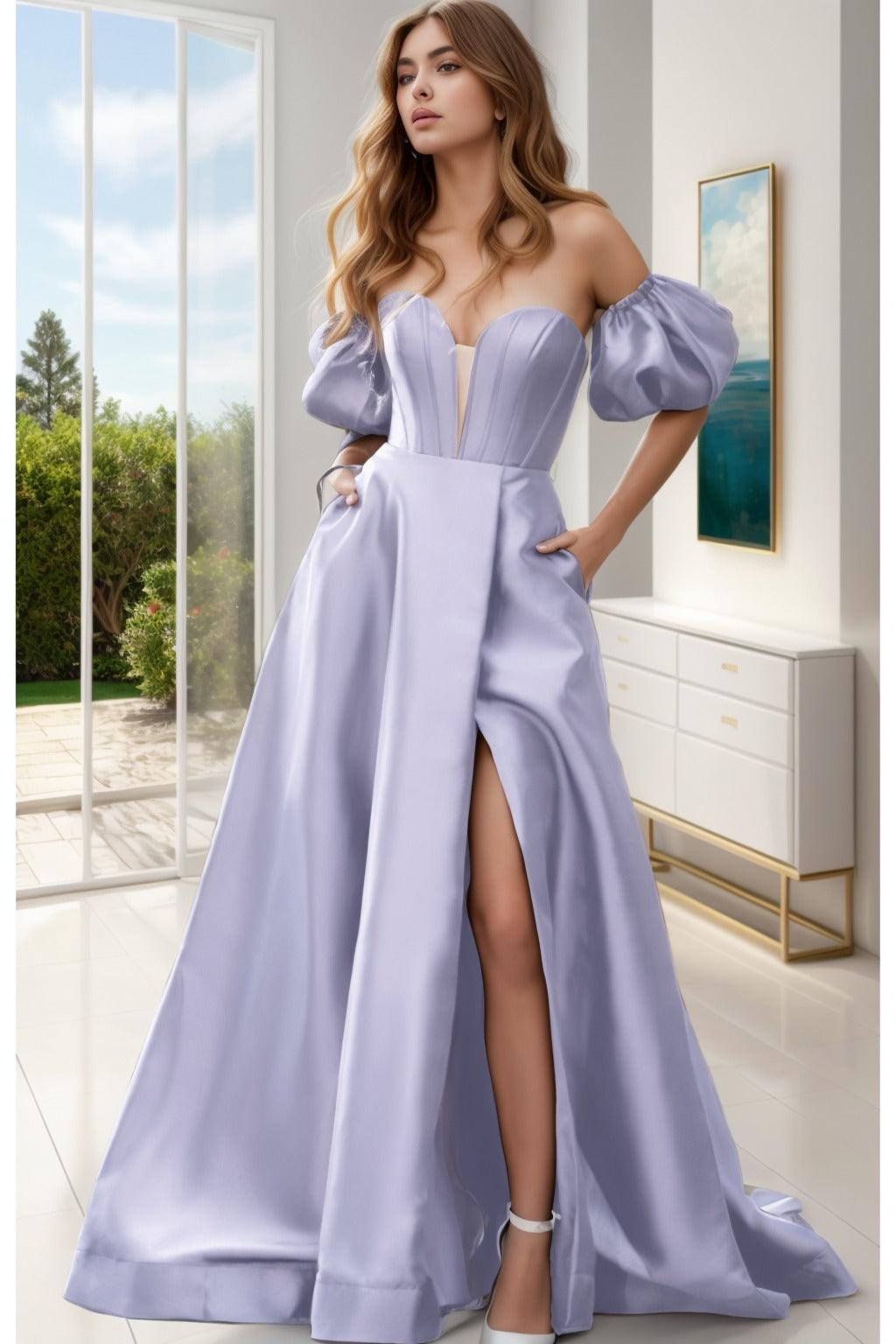 A-Line Sweep-Brush Train Satin Prom Dress CS0448 - COCOMELODY