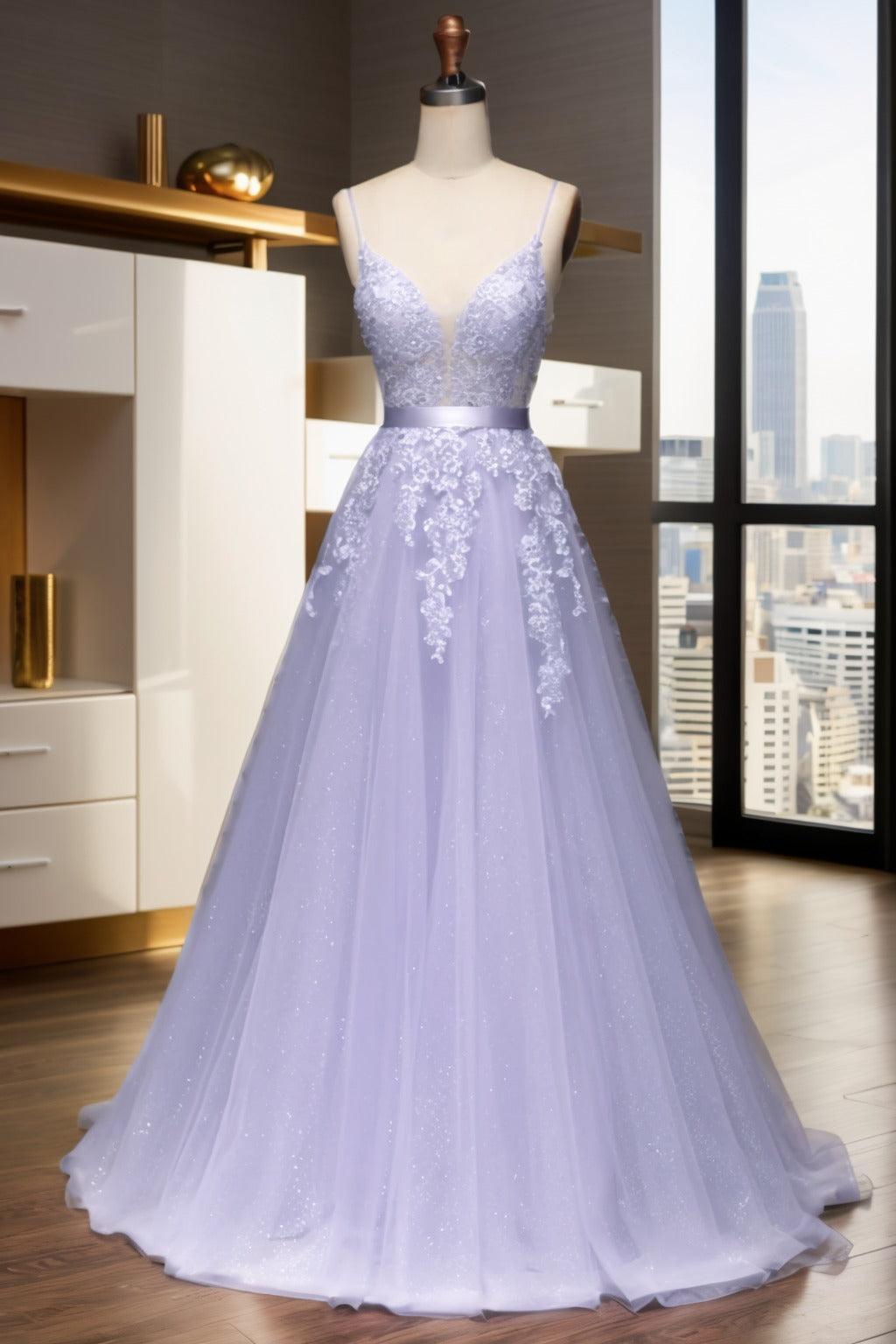 A-Line Sweep-Brush Train Tulle Prom Dress CS0464 - COCOMELODY