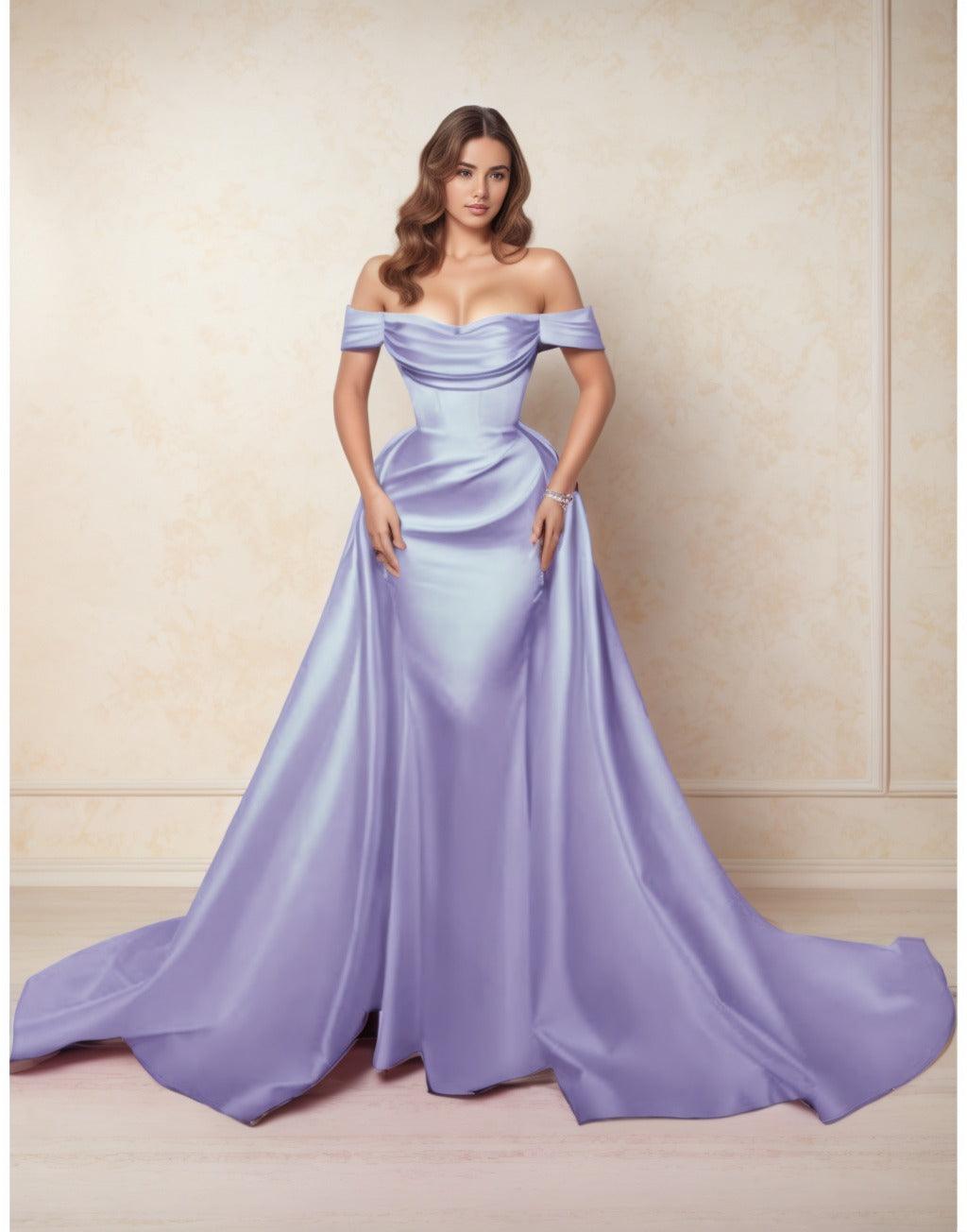 A-Line Chapel Train Satin Prom Dress CS0416 - COCOMELODY