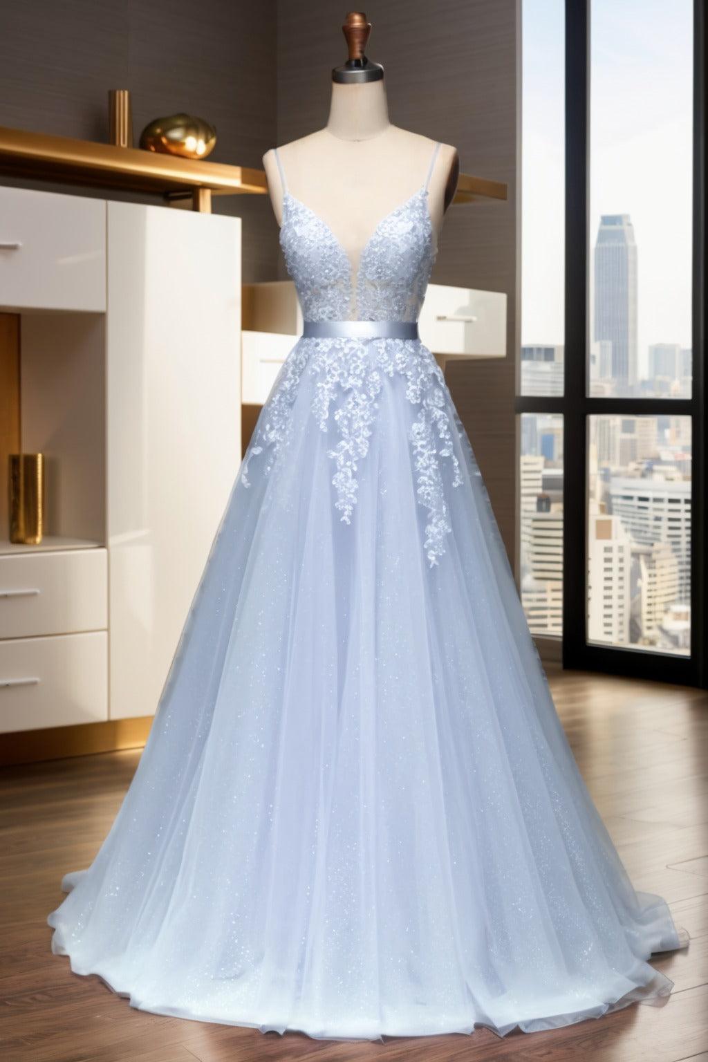 A-Line Sweep-Brush Train Tulle Prom Dress CS0464 - COCOMELODY