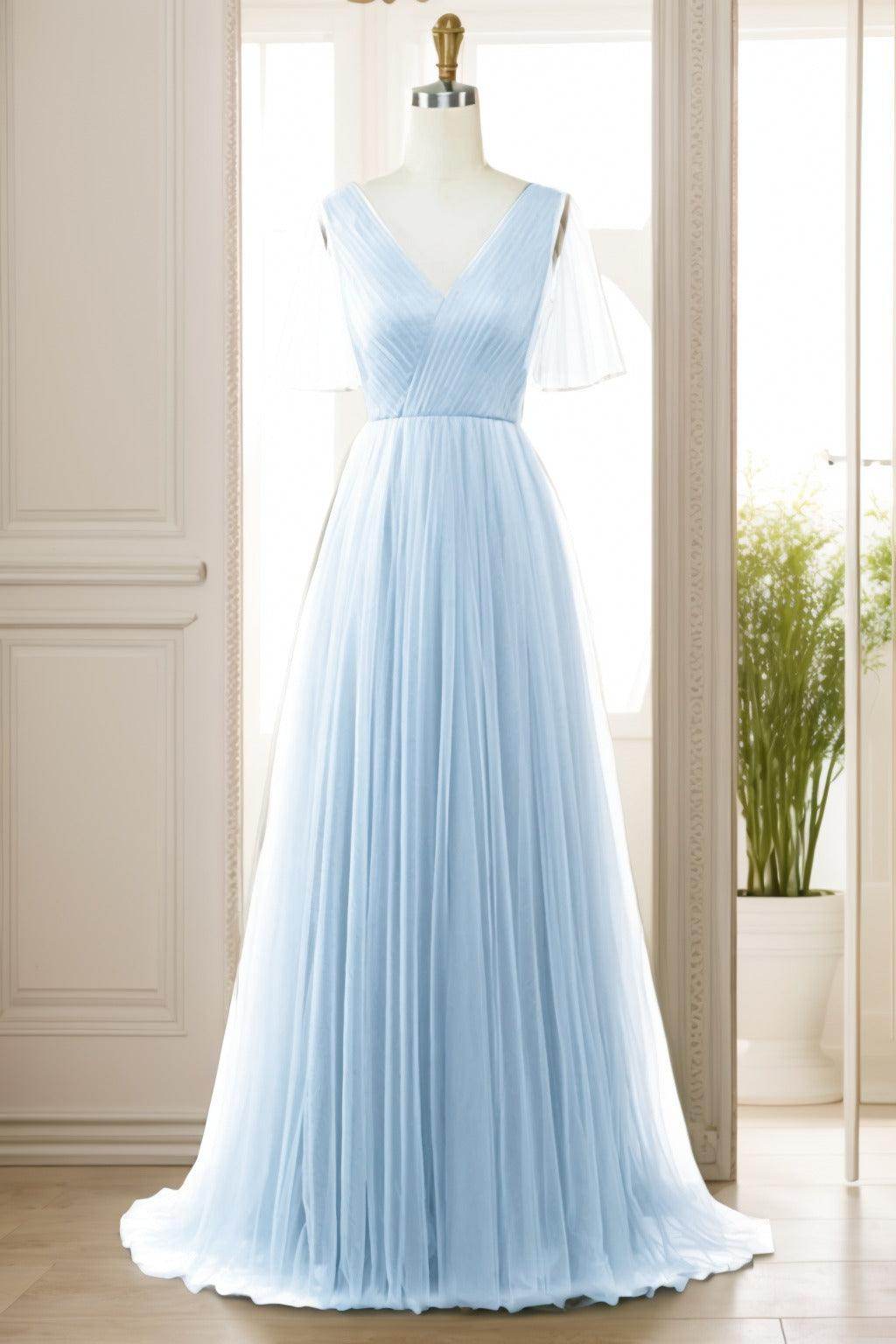 A-Line Sweep-Brush Train Tulle Prom Dress CS0472 - COCOMELODY