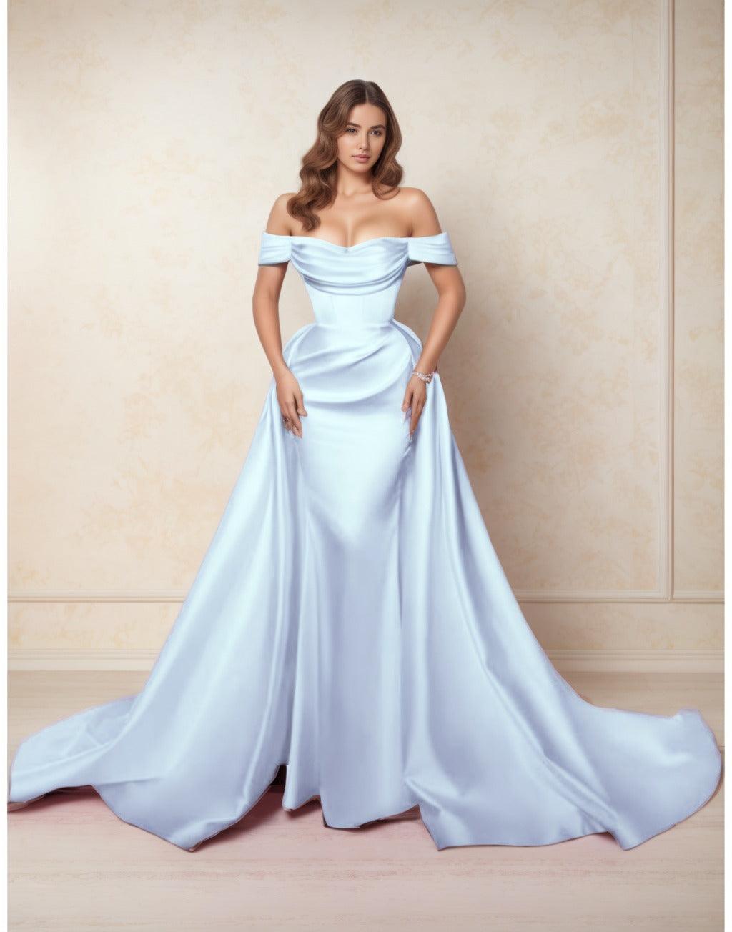 A-Line Chapel Train Satin Prom Dress CS0416 - COCOMELODY