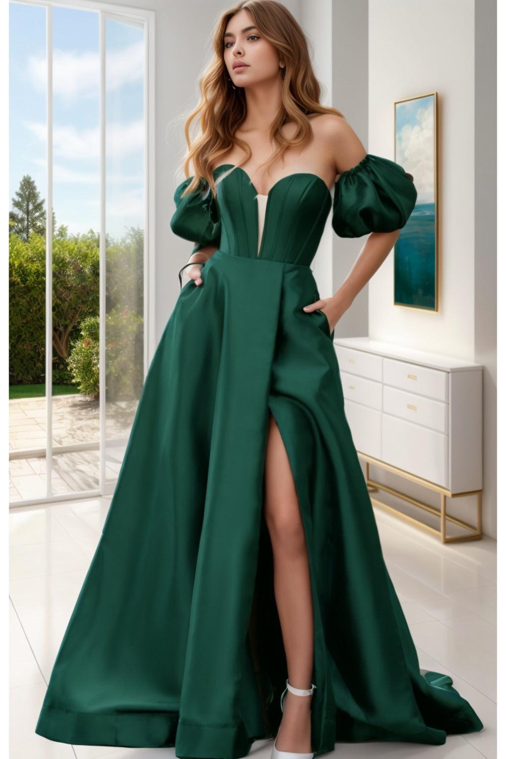 A-Line Sweep-Brush Train Satin Prom Dress CS0448 - COCOMELODY