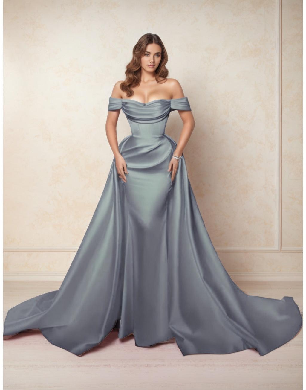 A-Line Chapel Train Satin Prom Dress CS0416 - COCOMELODY
