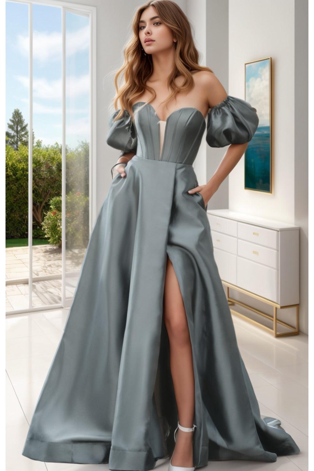 A-Line Sweep-Brush Train Satin Prom Dress CS0448 - COCOMELODY