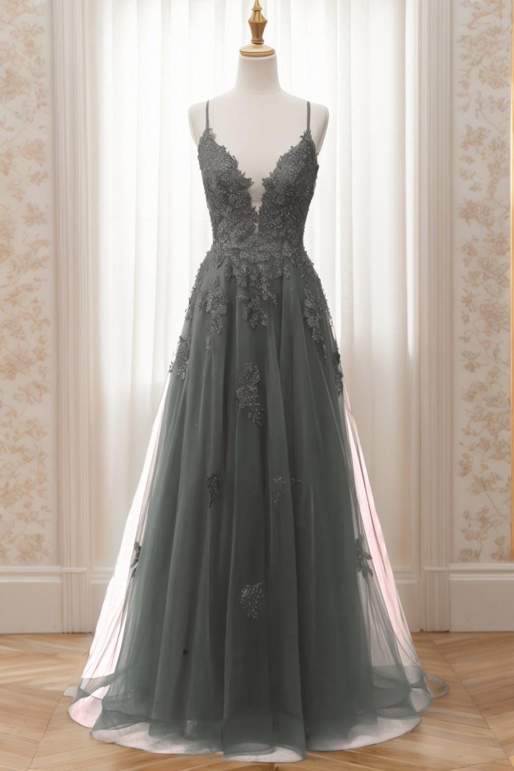 A-Line Sweep-Brush Train Tulle Prom Dress CS0463 - COCOMELODY