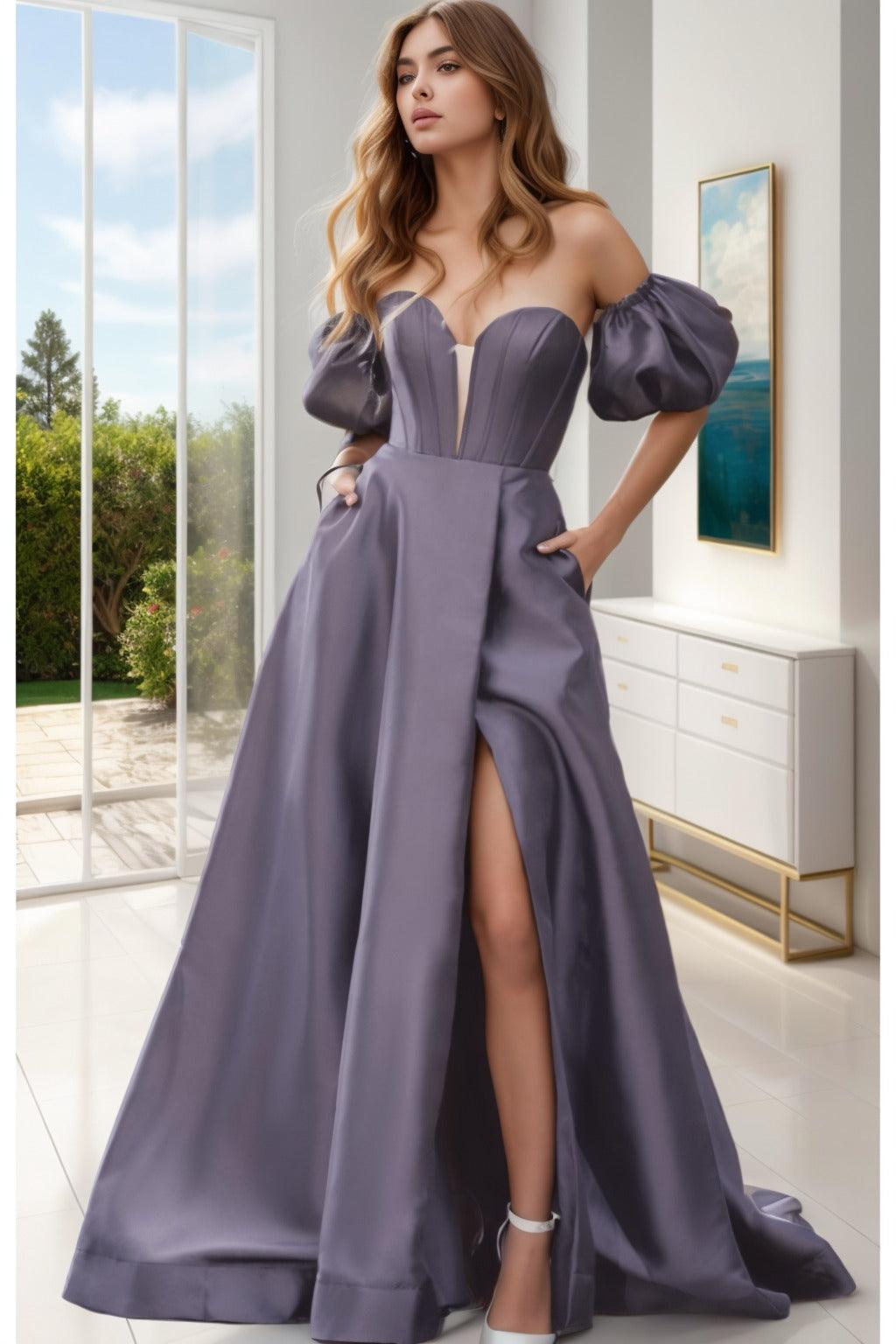 A-Line Sweep-Brush Train Satin Prom Dress CS0448 - COCOMELODY