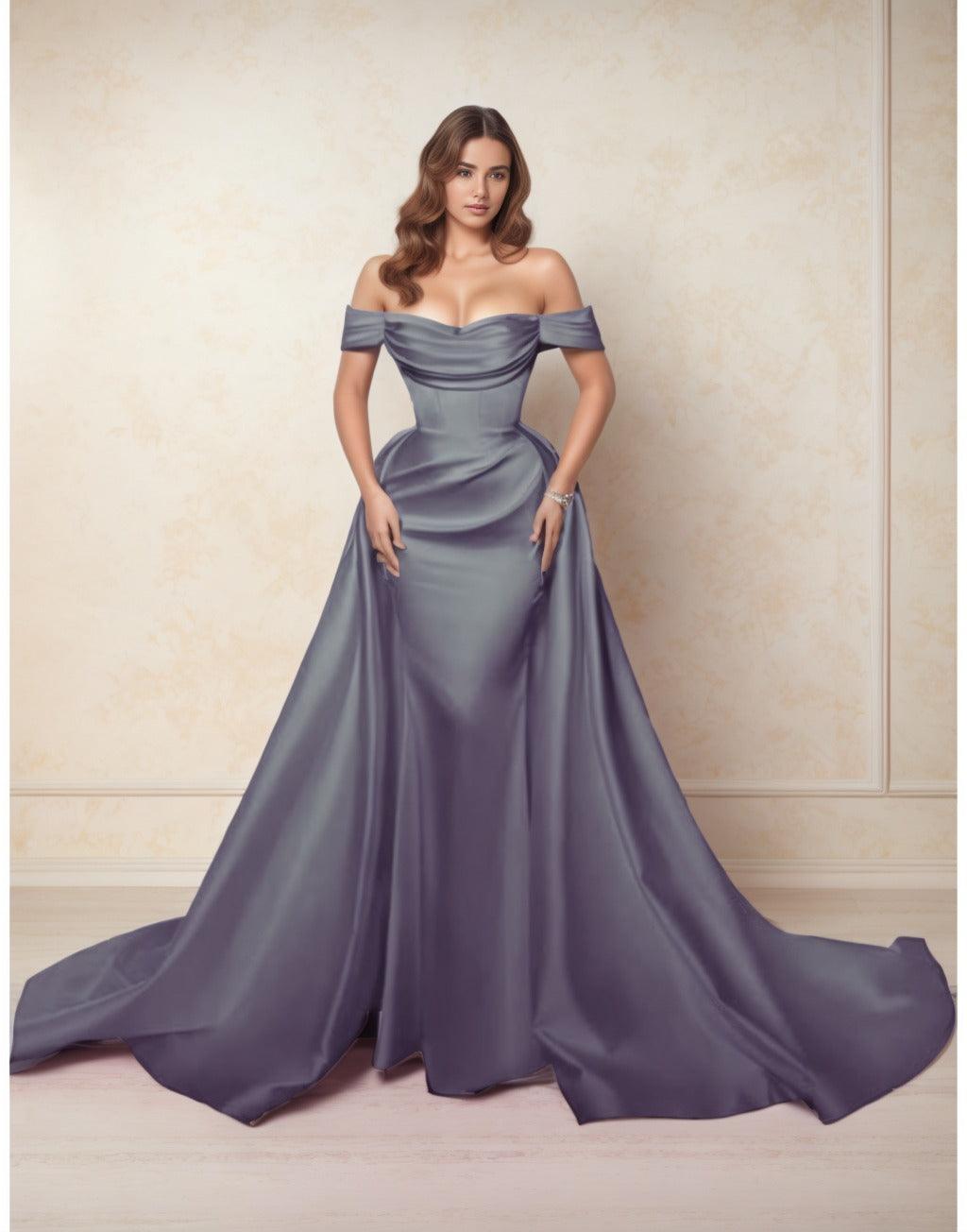 A-Line Chapel Train Satin Prom Dress CS0416 - COCOMELODY