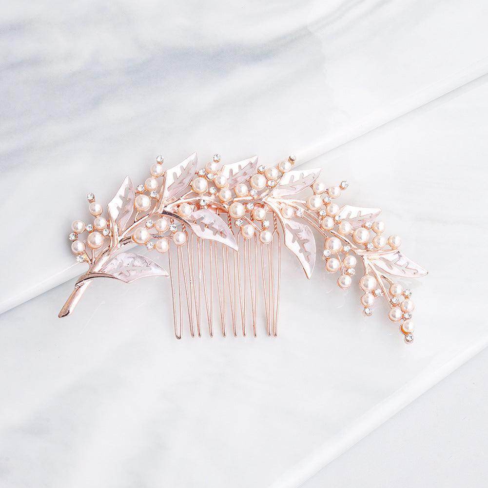 INS style bridal bridal headpiece alloy hollow leaf hair comb Pearl rhinestone disc hair insert comb 597016876018 - COCOMELODY