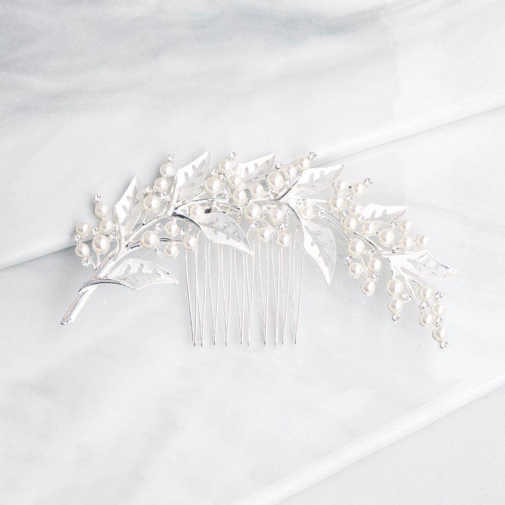 INS style bridal bridal headpiece alloy hollow leaf hair comb Pearl rhinestone disc hair insert comb 597016876018 - COCOMELODY