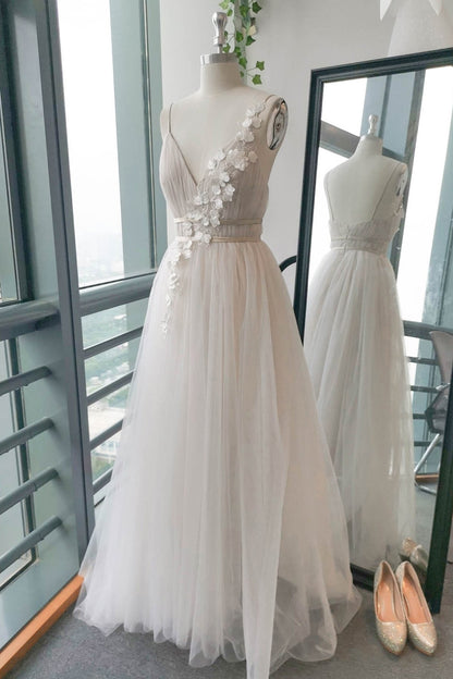A-Line Sweep-Brush Train Lace Tulle Wedding Dress CW2760