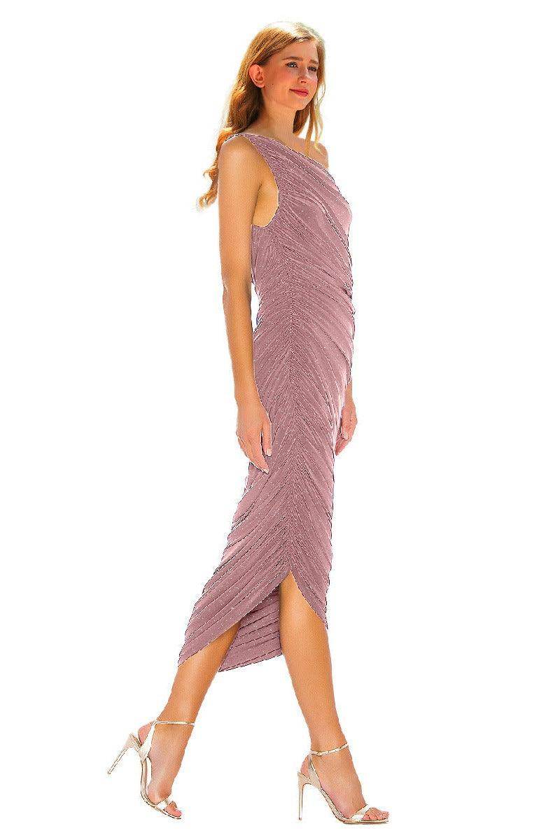 Silver wire pleated oblique shoulder cocktail dress 752479154321 - COCOMELODY