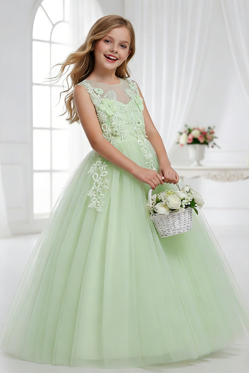 A-Line Sleeveless Illusion Neck Floral Lace Floor Length Tulle Flower Girl Dresses 1031510840167
