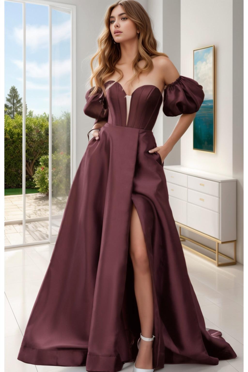 A-Line Sweep-Brush Train Satin Prom Dress CS0448 - COCOMELODY