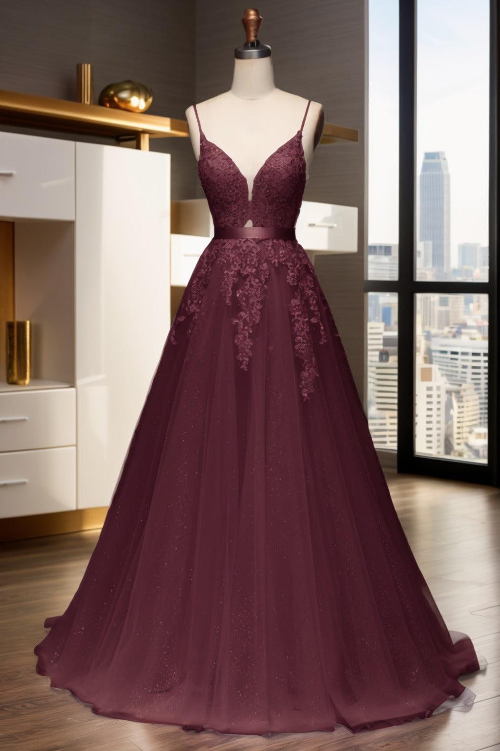 A-Line Sweep-Brush Train Tulle Prom Dress CS0464 - COCOMELODY