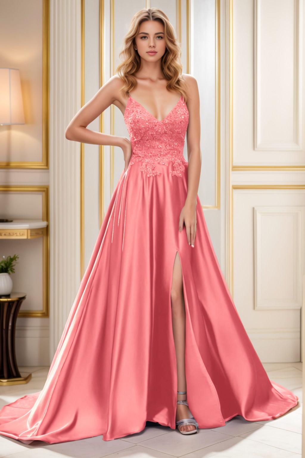 A-Line Court Train Satin Prom Dress CS0460 - COCOMELODY