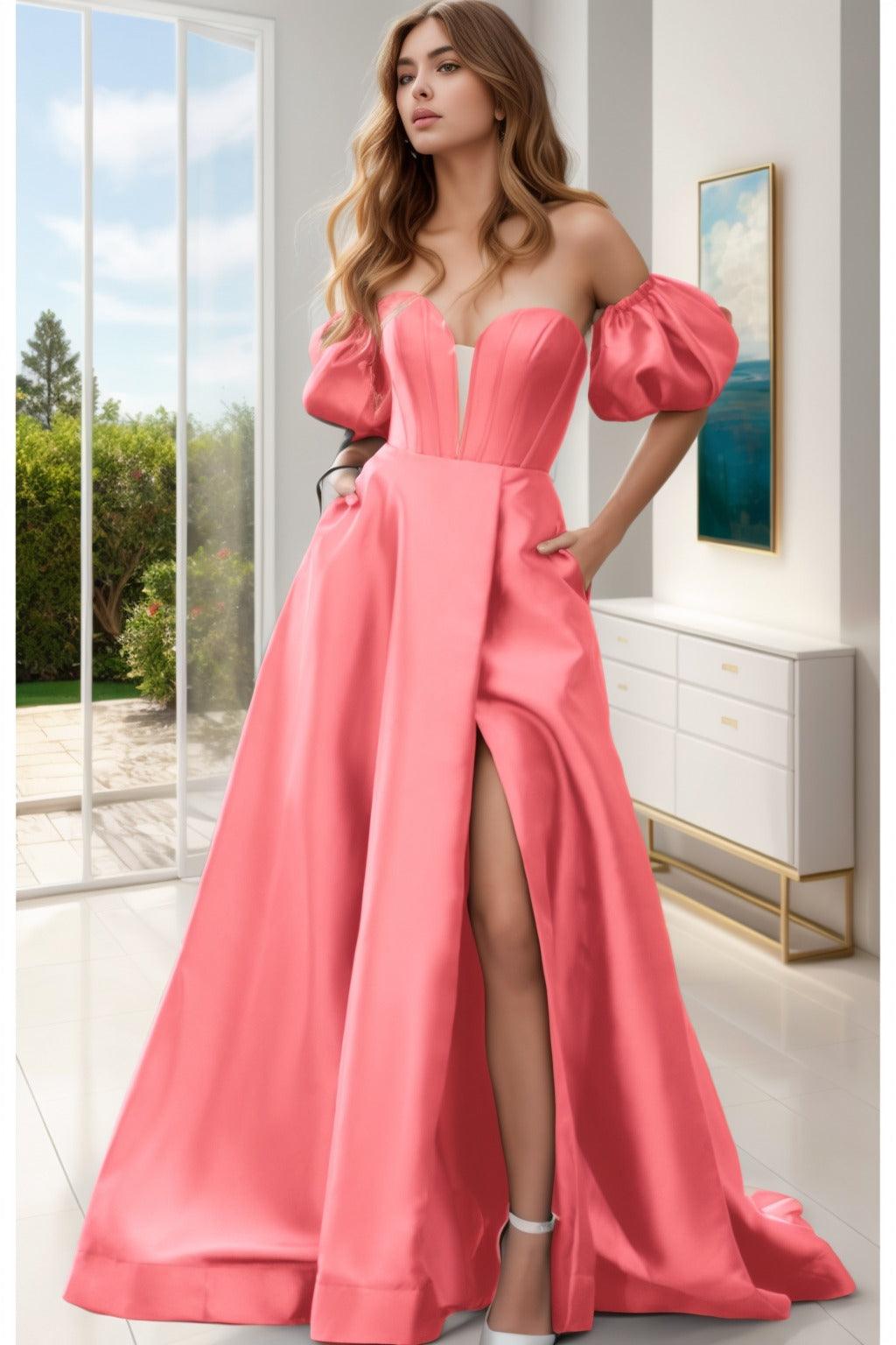 A-Line Sweep-Brush Train Satin Prom Dress CS0448 - COCOMELODY