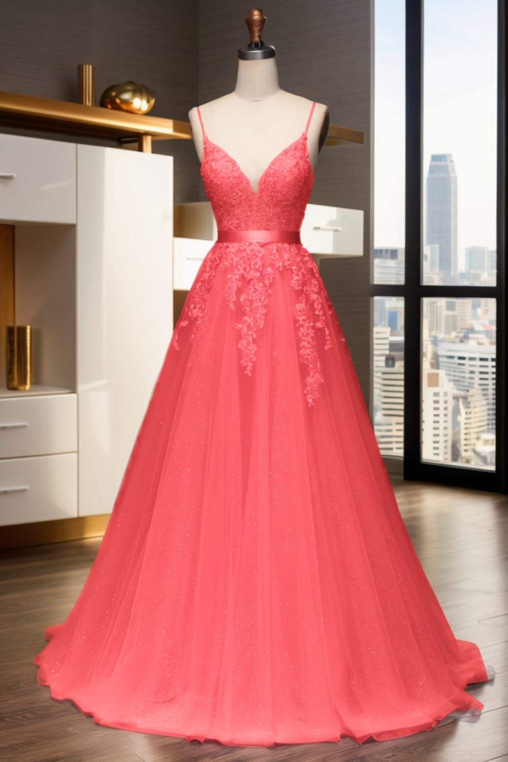 A-Line Sweep-Brush Train Tulle Prom Dress CS0464 - COCOMELODY
