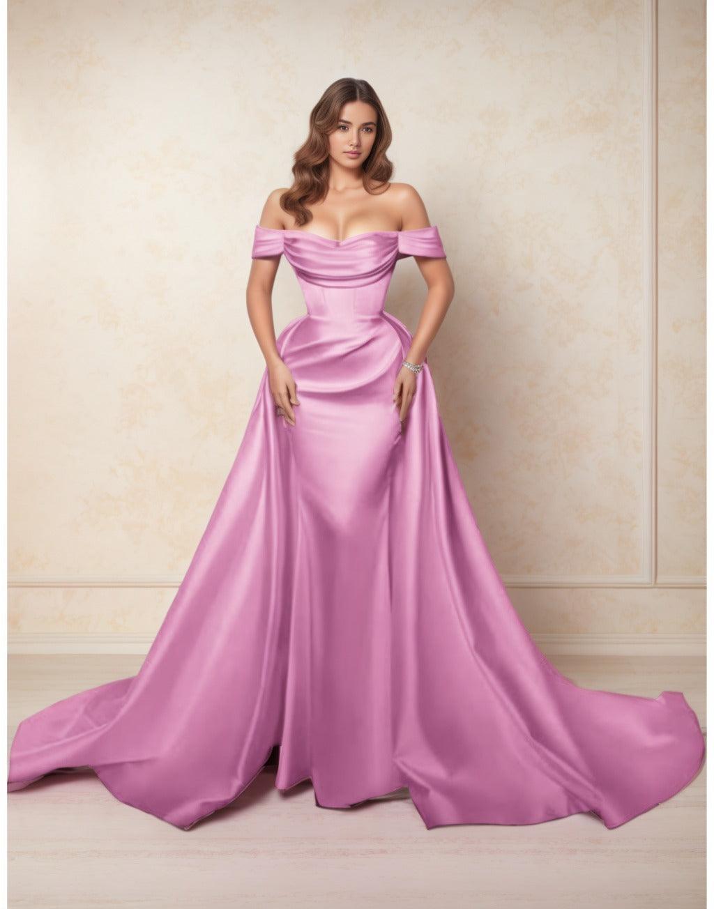 A-Line Chapel Train Satin Prom Dress CS0416 - COCOMELODY