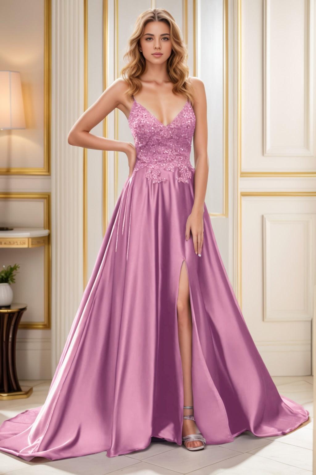 A-Line Court Train Satin Prom Dress CS0460 - COCOMELODY