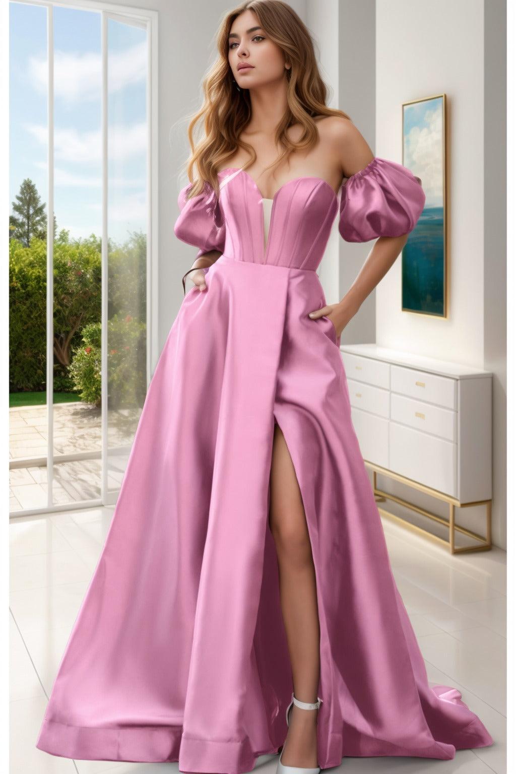 A-Line Sweep-Brush Train Satin Prom Dress CS0448 - COCOMELODY