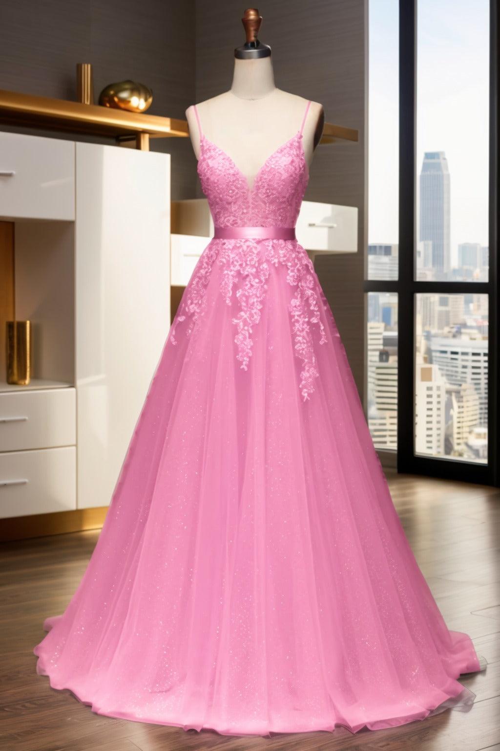A-Line Sweep-Brush Train Tulle Prom Dress CS0464 - COCOMELODY