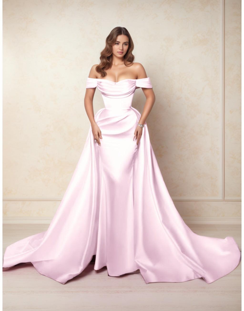 A-Line Chapel Train Satin Prom Dress CS0416 - COCOMELODY